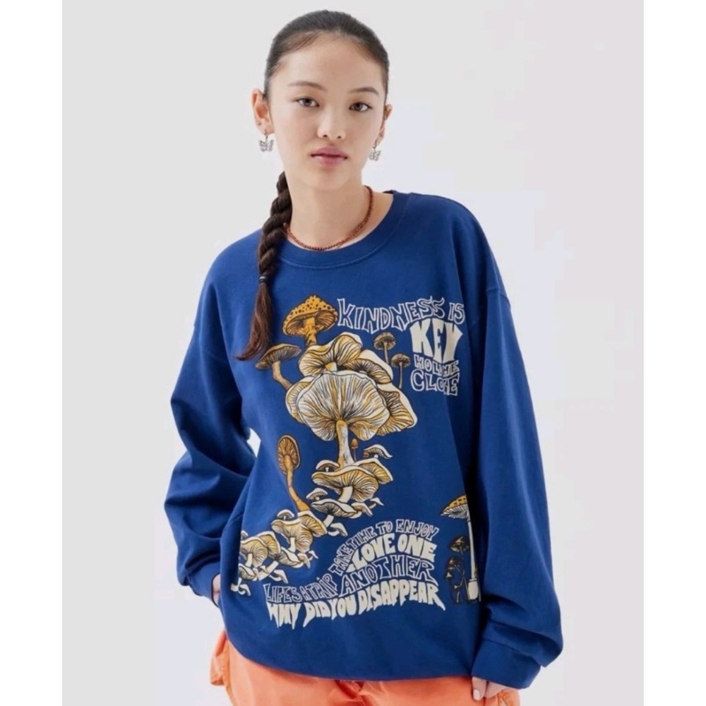 Urban Outfitters Project‎ Social T Mushroom Hippie Pullover Sweatshirt S/M Blue